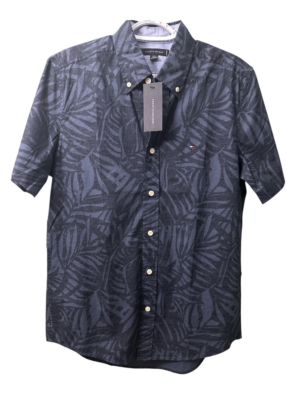 Tommy Hilfiger Men’s Black Navy Leaf-Print Short Sleeve Button-Down Shirt Size S